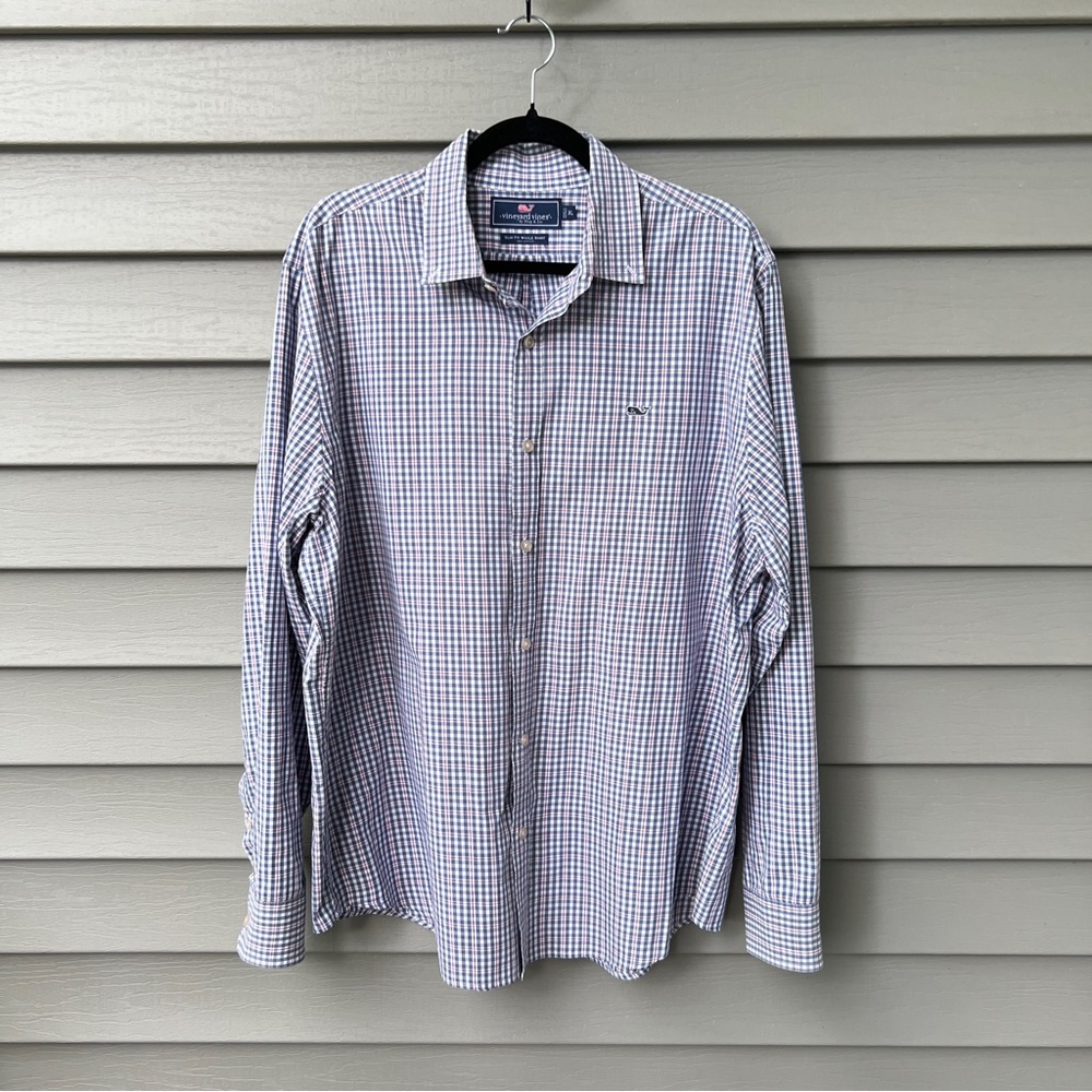 ineyard Vines Men's Slim Fit Dress Shirt XL Blue Red Check Plaid Button Down